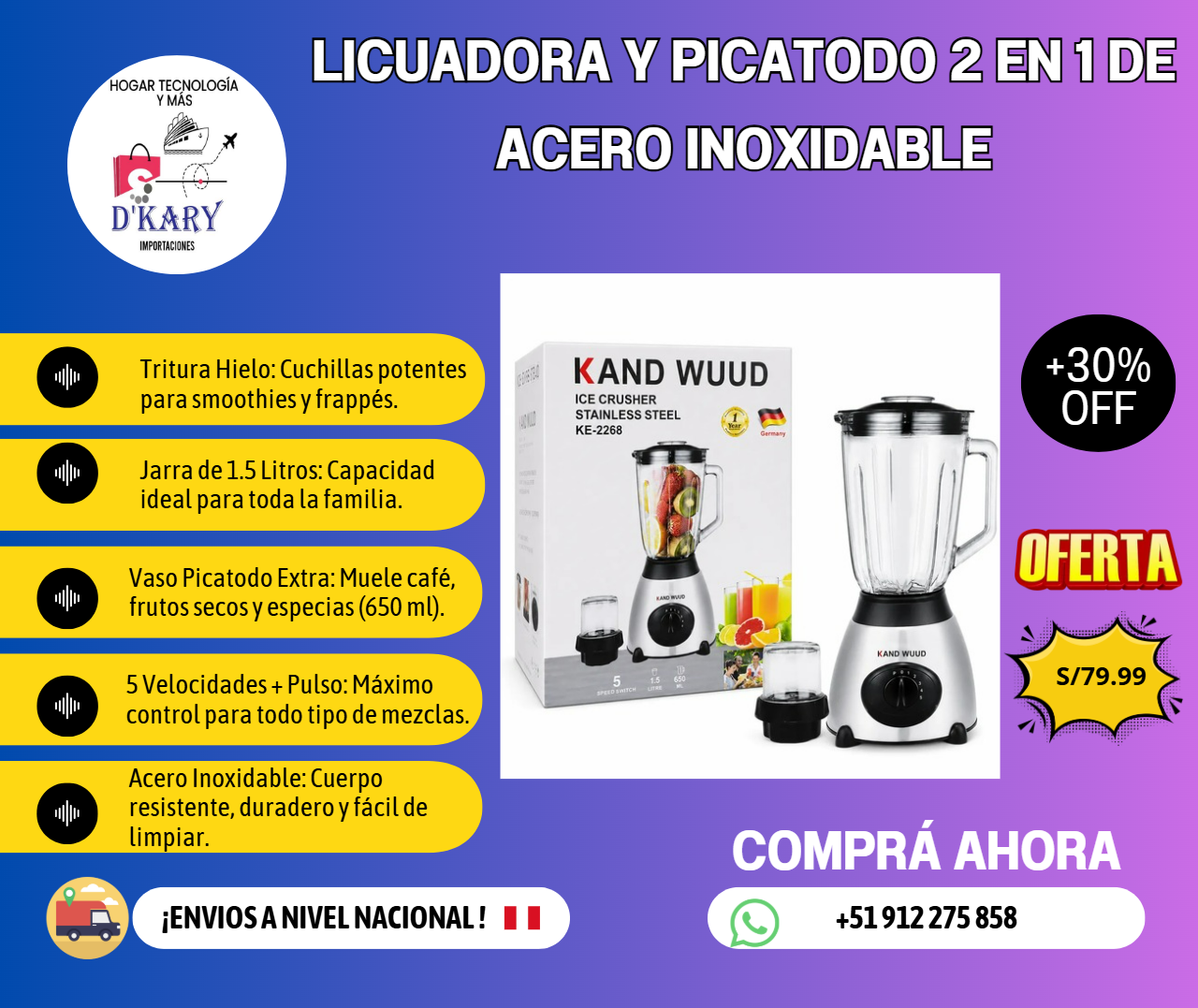 Licuadora y Picatodo 2 en 1 KAND WUUD (Acero Inoxidable) – 1.5L + Vaso Molinillo 650ml